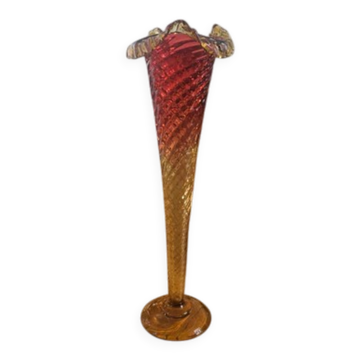 Vase cornet vintage en verre dégradé rouge et ambre - H 53,5 cm