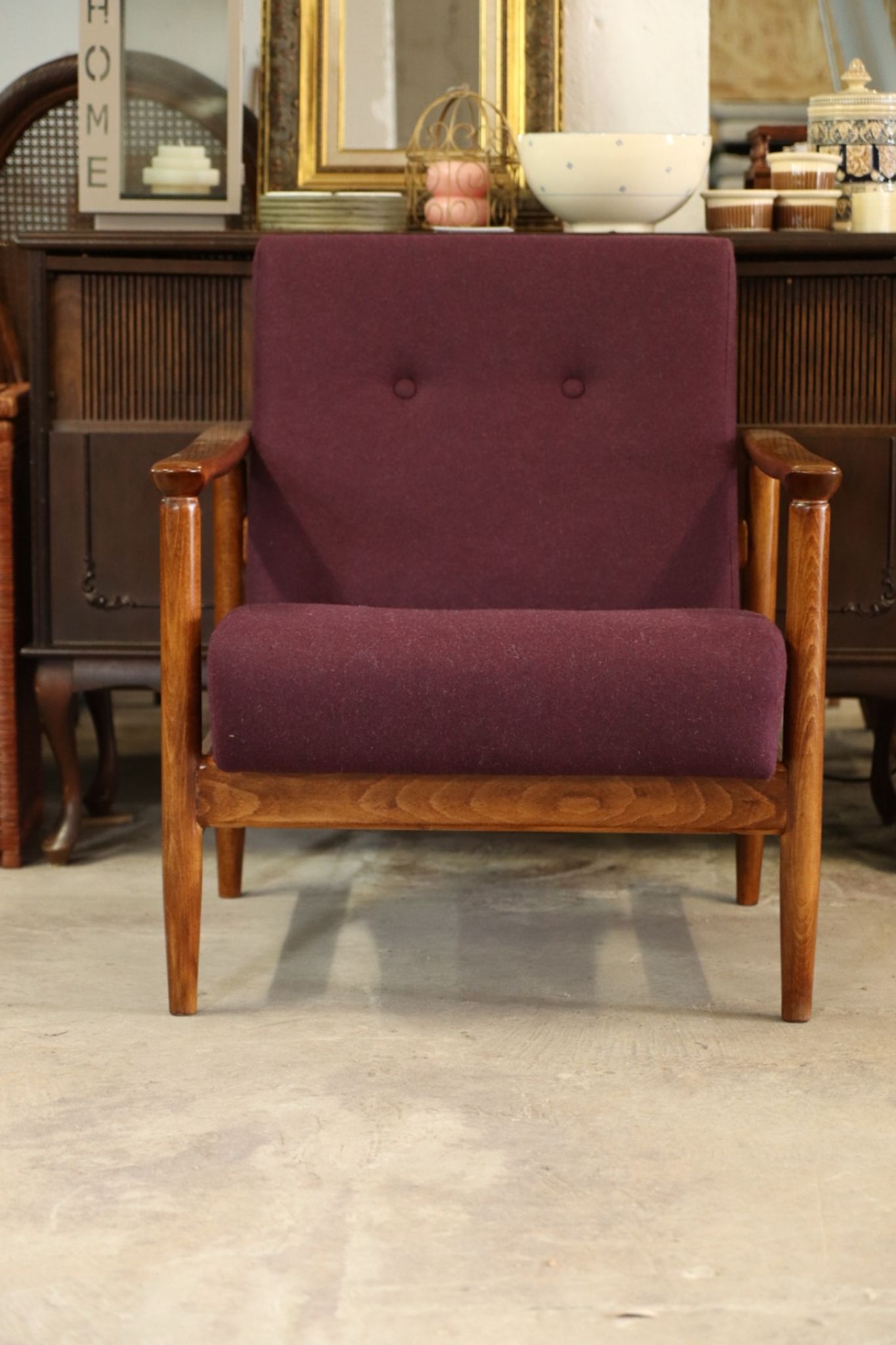 Oryginał wood armchair design by E. Homa 142 aubergine wool vintage chair modern