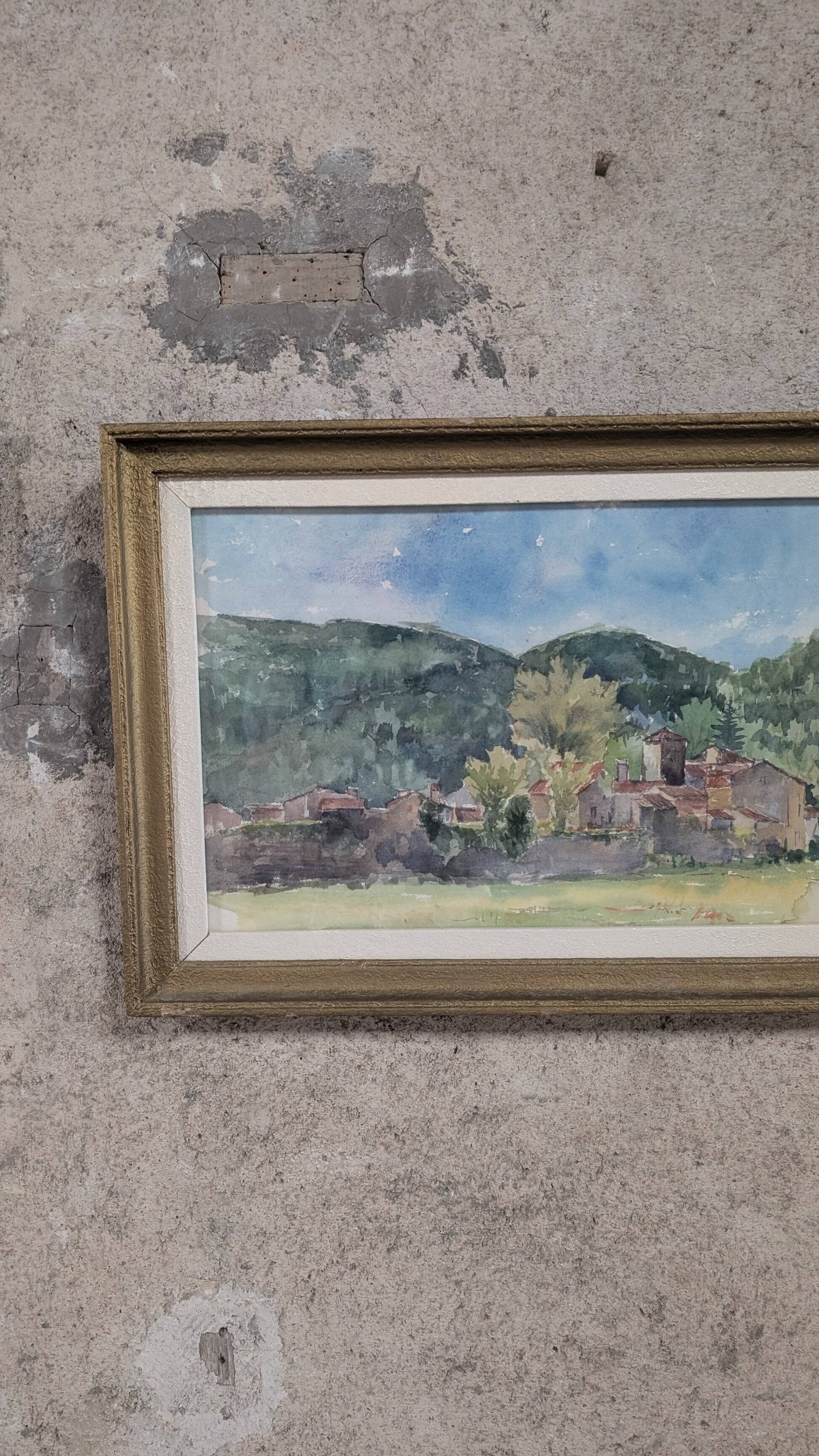 Vintage watercolor – Village at the foot of the hills
