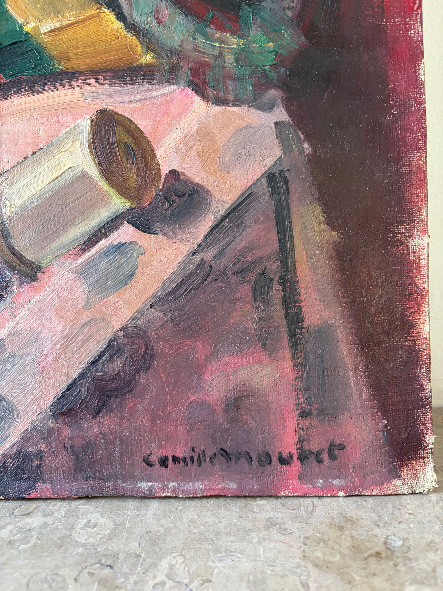 The wool basket, still life signed by Camille Mouret.