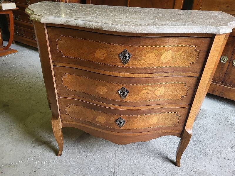 Curved chest of drawers in rosewood and marble marquetry