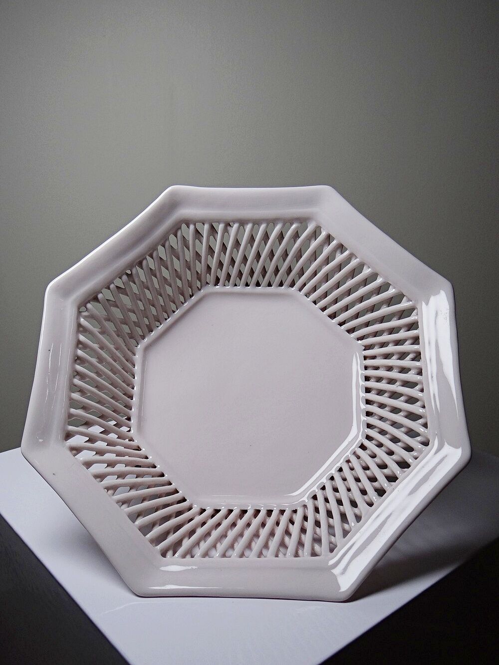 Pale pink woven octagonal porcelain bowl, circa 1950.