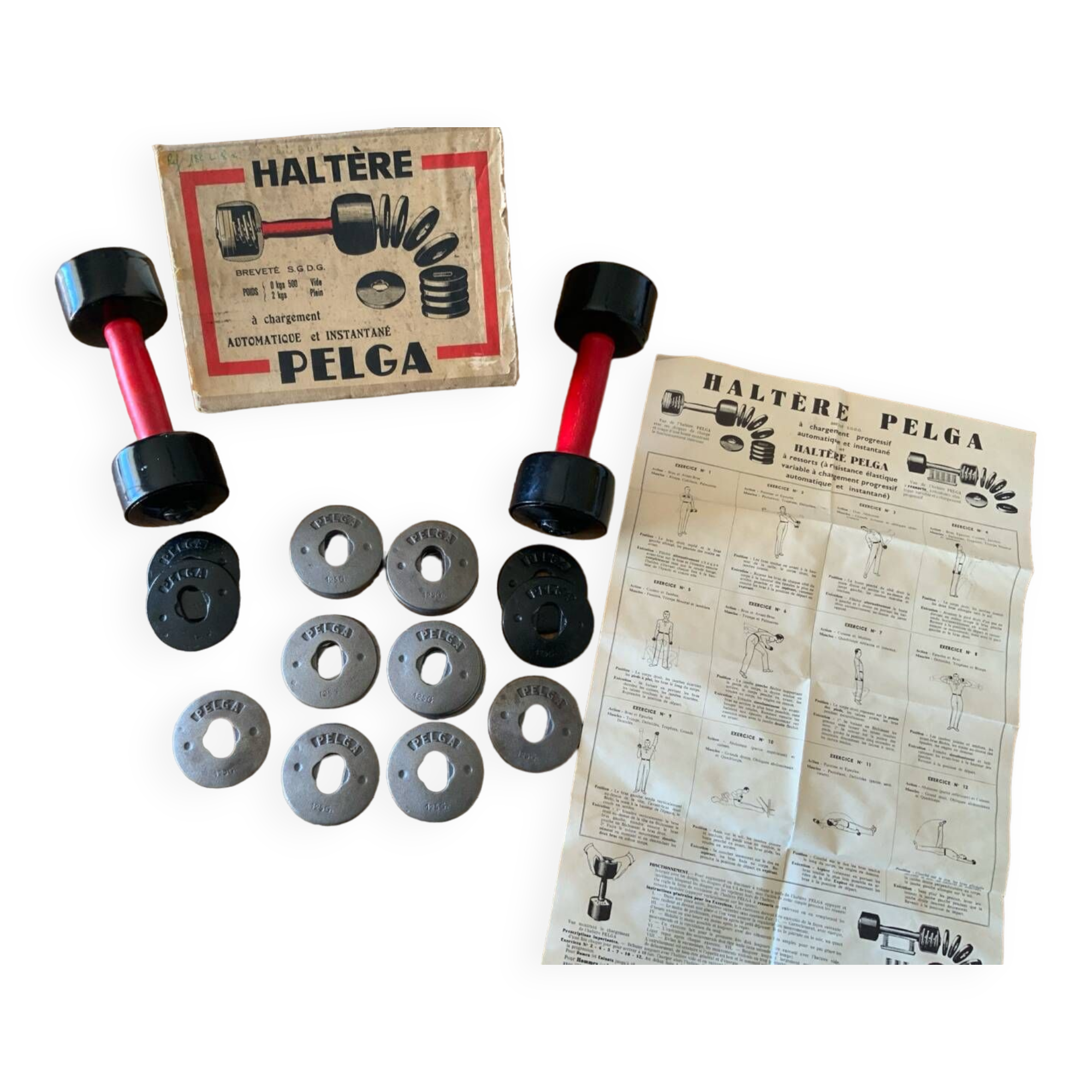 Haltères Vintage Pelga En Fonte Et Bois - Années 50 - Occasion Fonctionnelle