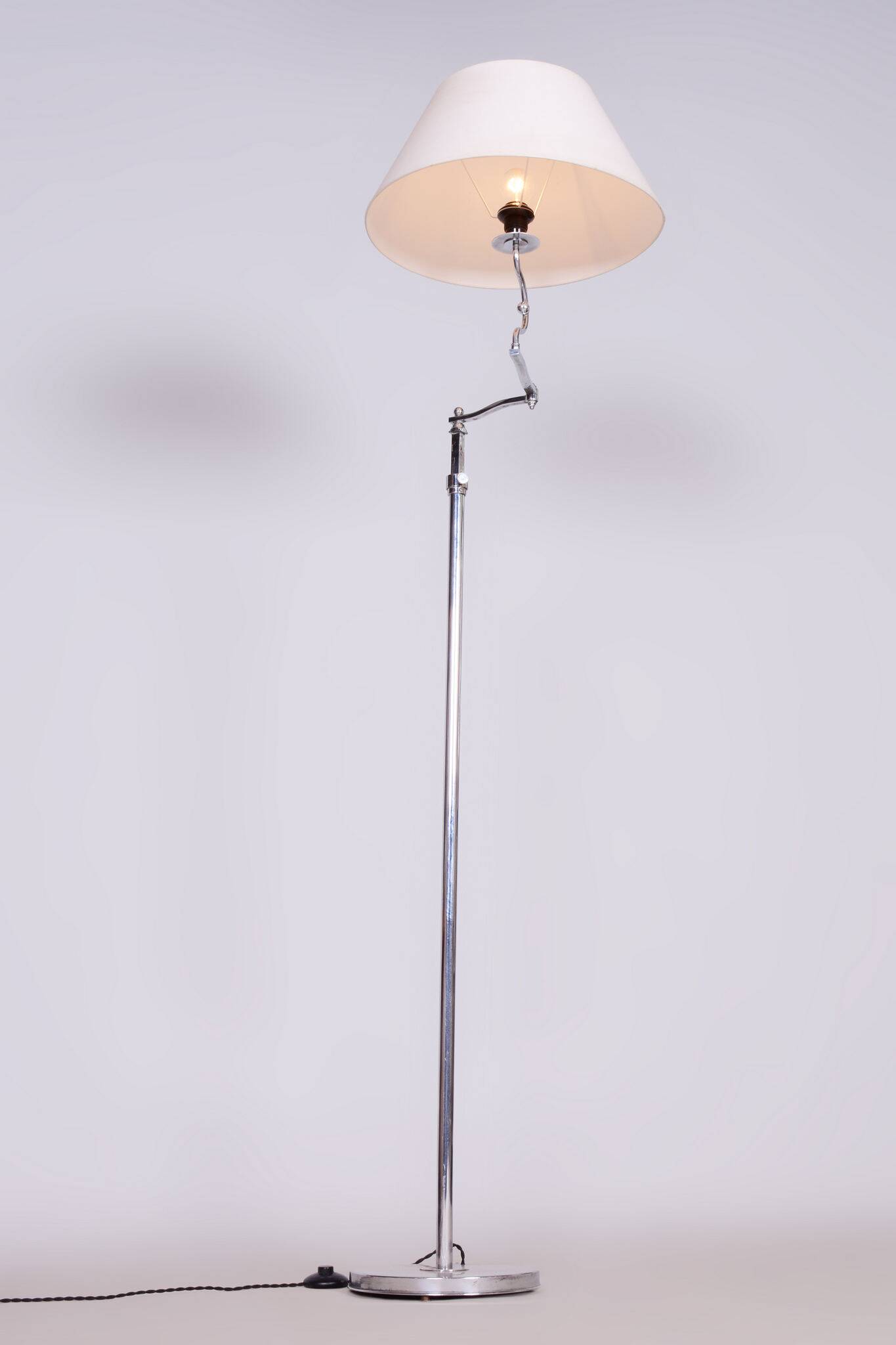 Czech Bauhaus Floor Lamp, Textile Lamp Shade, Chrom-Plated Steel, 1920s