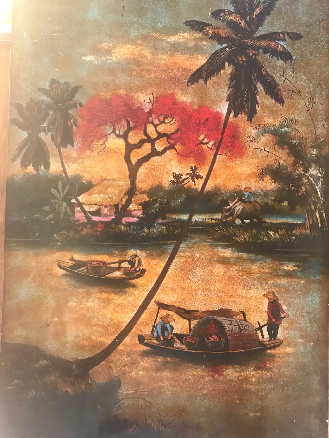 Sunset over the junks. Vietnamese school.