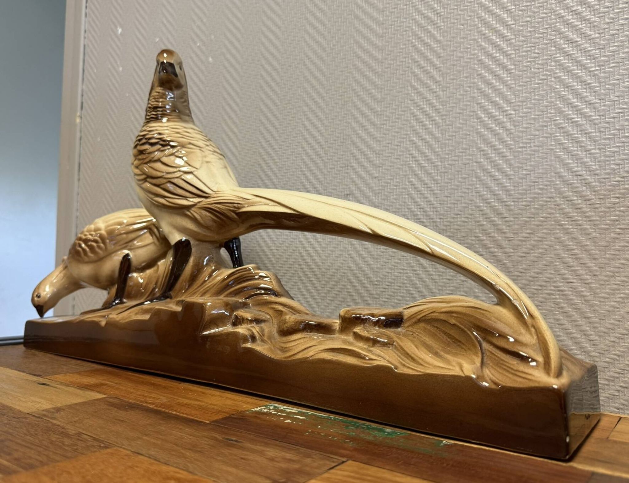 Pair of golden pheasants from the Art Deco period in brown glazed ceramic