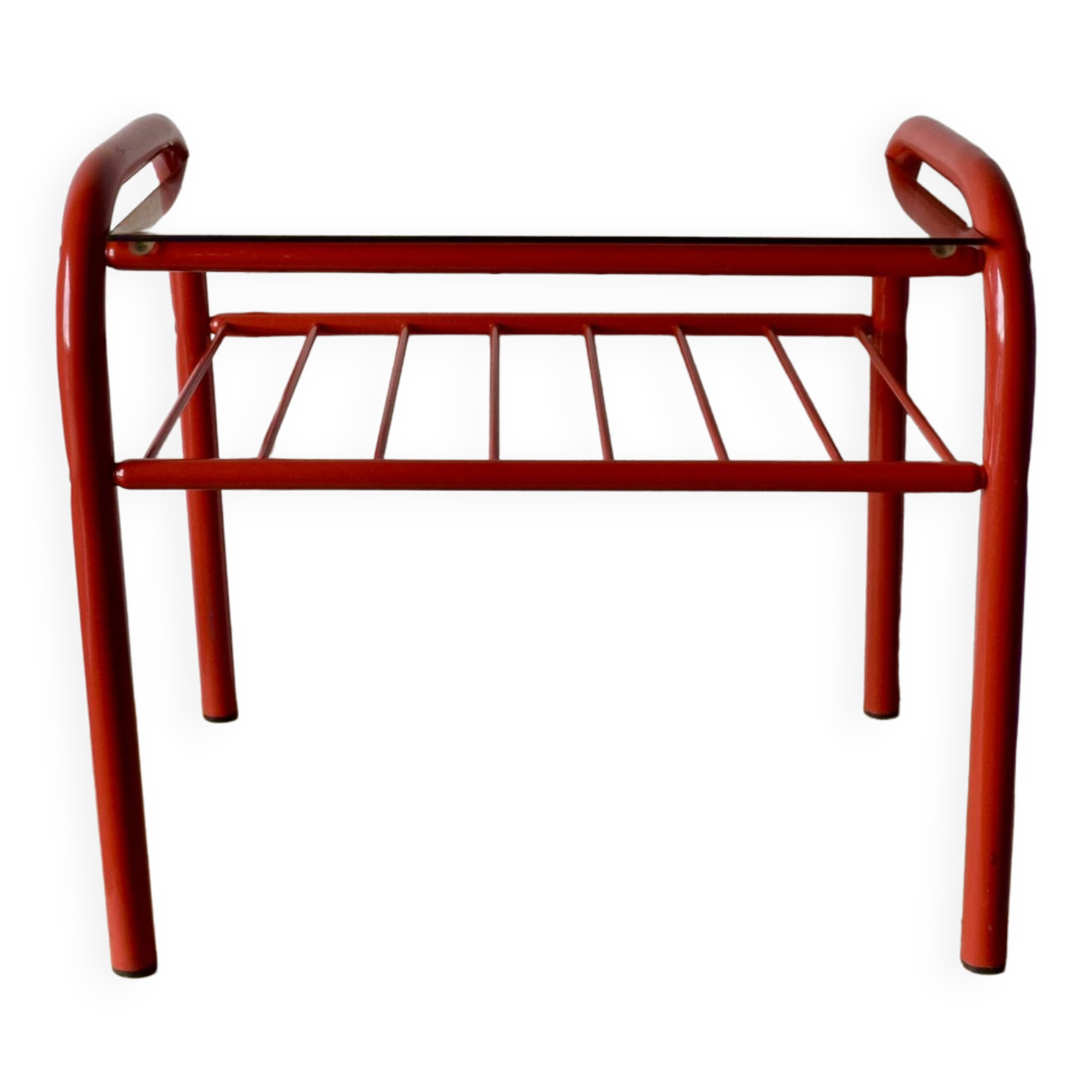 Vintage side table in red tubular steel - smoked glass window - 1980s