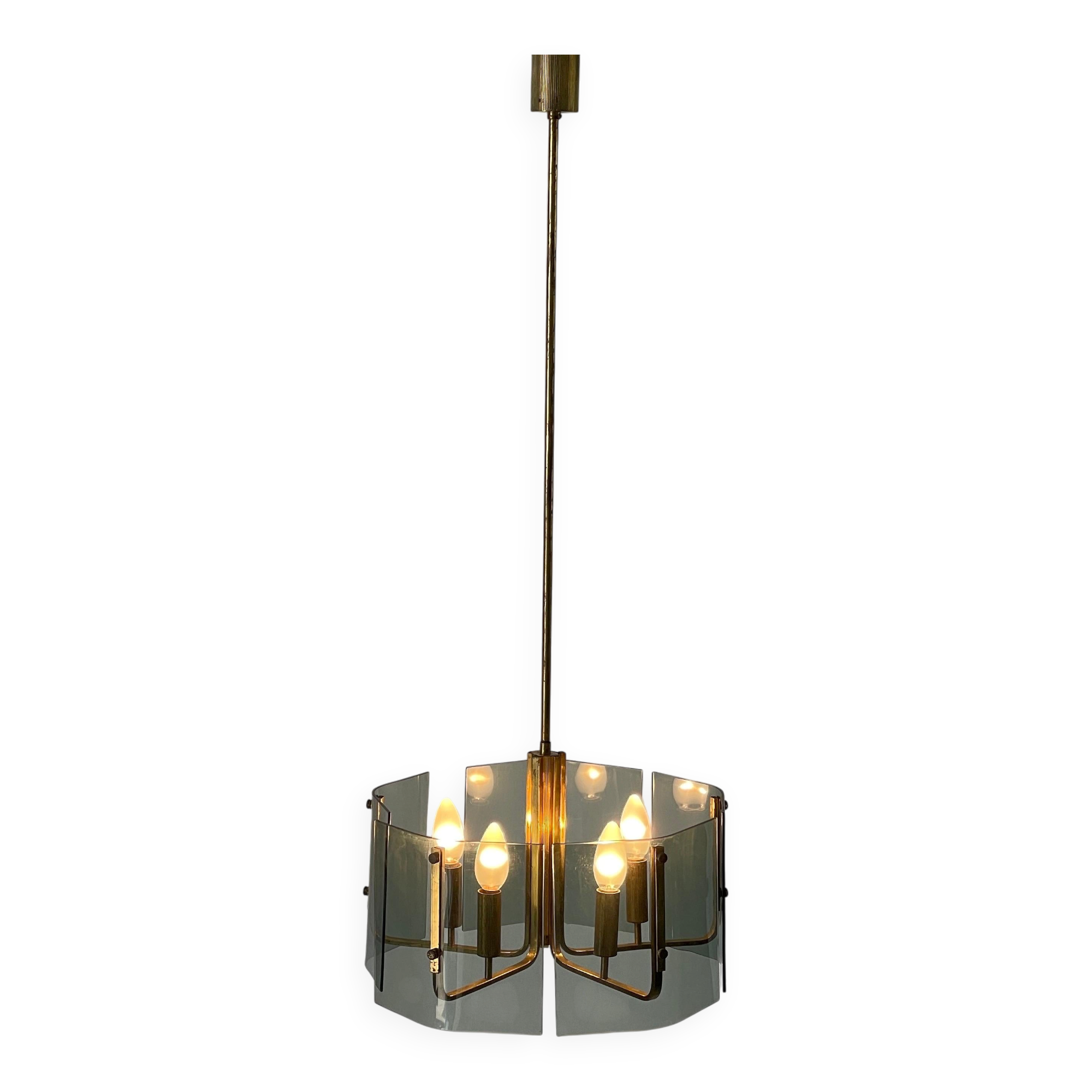 Grey glass chandelier with a brass body, 1960, Italy