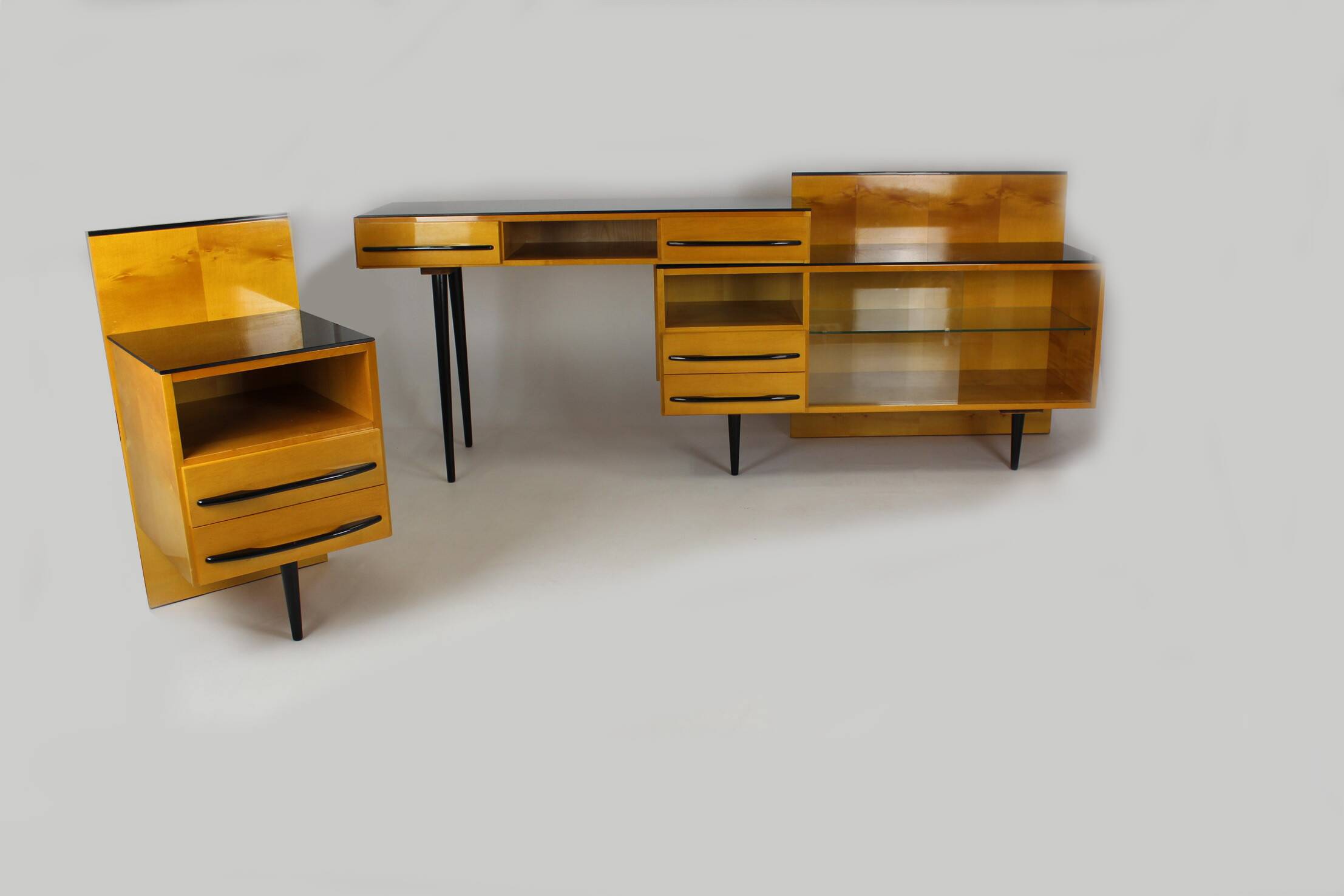 Modular Desk Set with Black Glass Top by Mojmir Pozar, 1960s, Set of 3