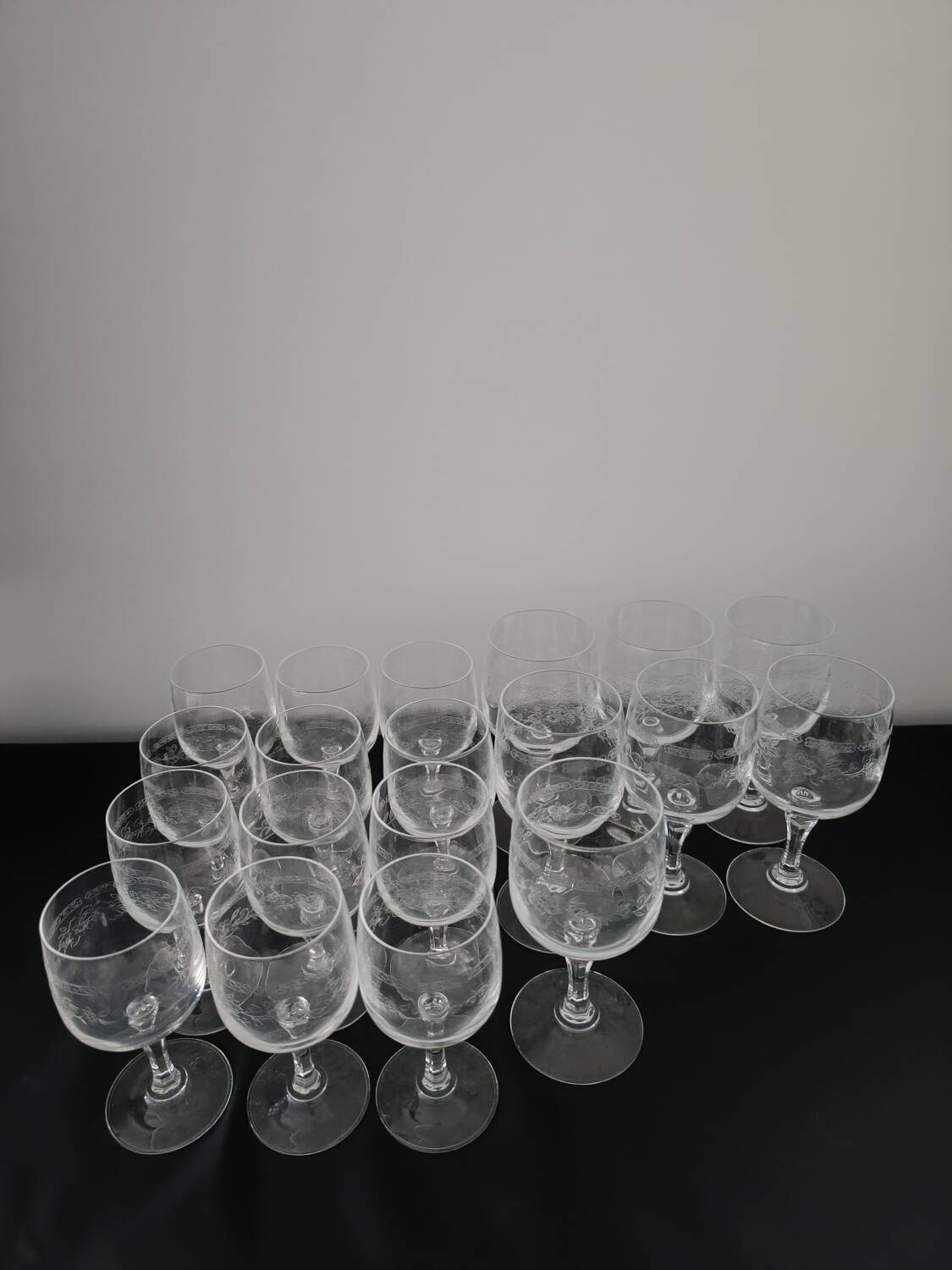 Set of 19 chiseled crystal stemmed glasses
