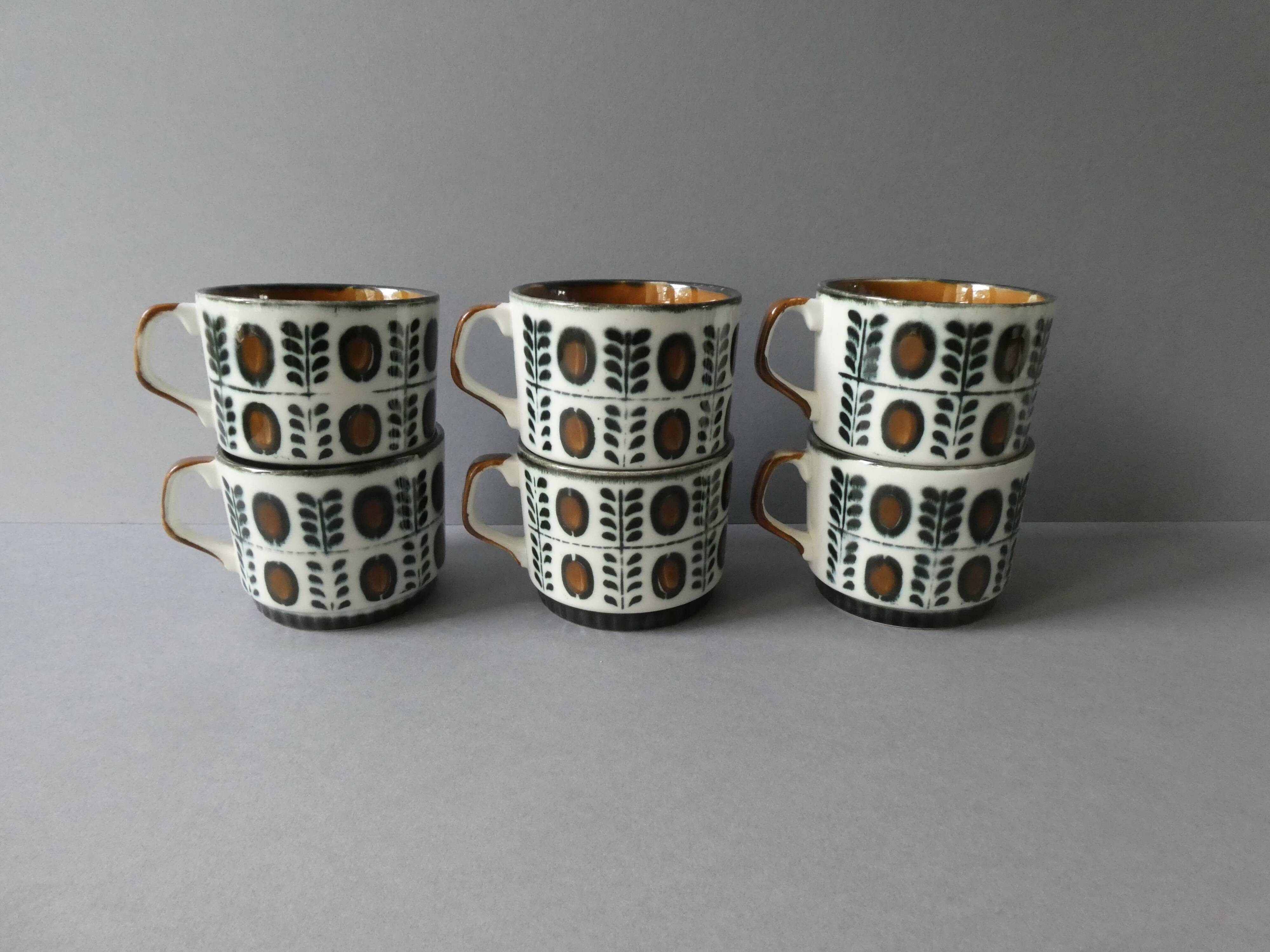 6 Boch La Louvière coffee cups, walnut decor, 1960s