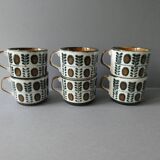 6 Boch La Louvière coffee cups, walnut decor, 1960s