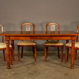 Upholstered damask table and 4 cherry chairs from the 80s