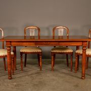 Upholstered damask table and 4 cherry chairs from the 80s