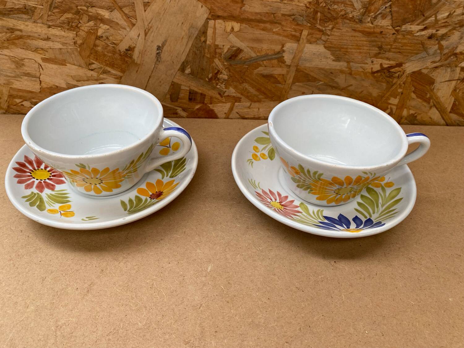 Pair of antique quimper hb ceramic cups vintage flower decor #b284