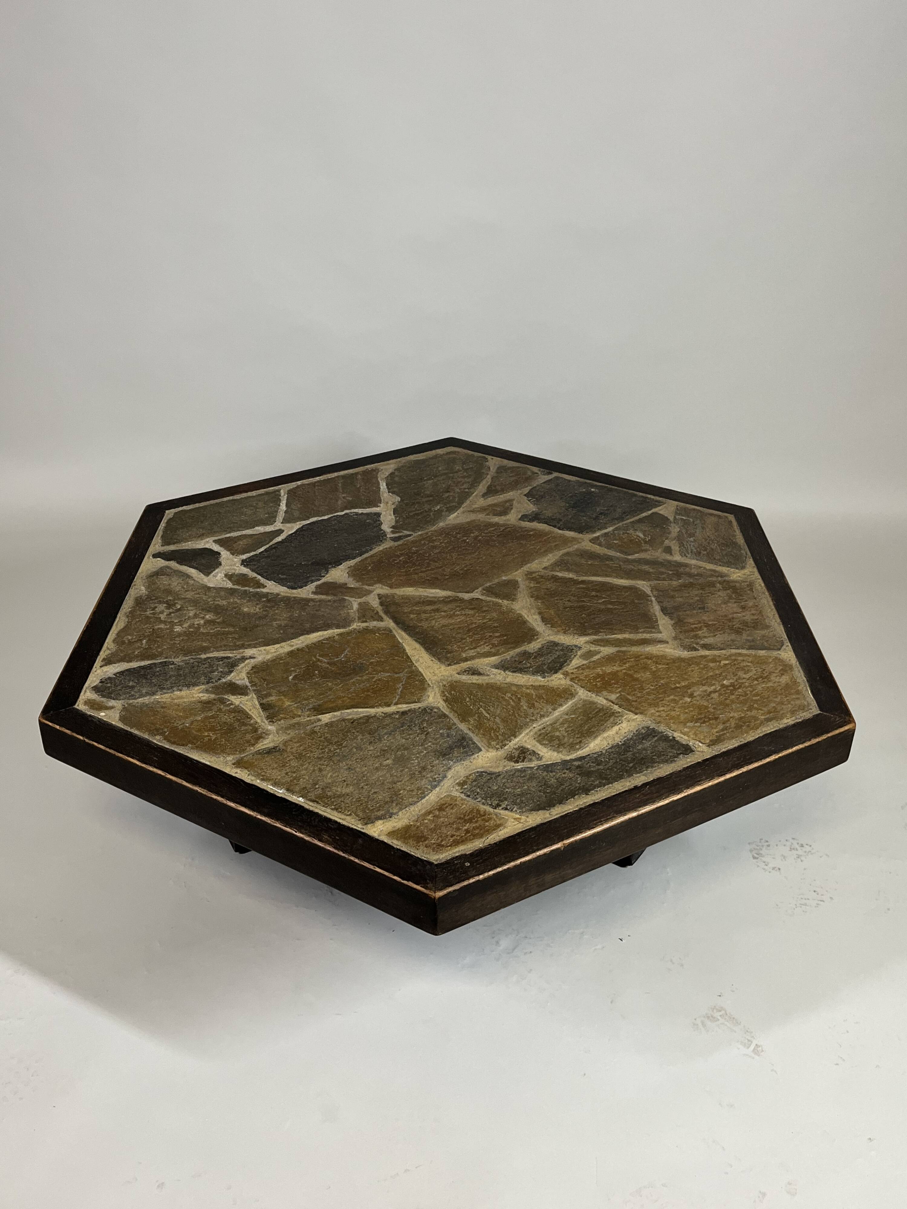 Large Brutalist Coffee Table in Oak and Stone Mosaic, 1960s
