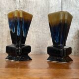 Pair of art deco flamed ceramic vases in black & beige vintage
