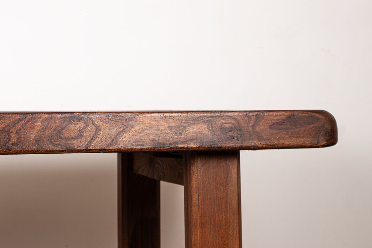 Large brutalist dining table in solid Elm, inspired by Olavi Hanninen, 1960.