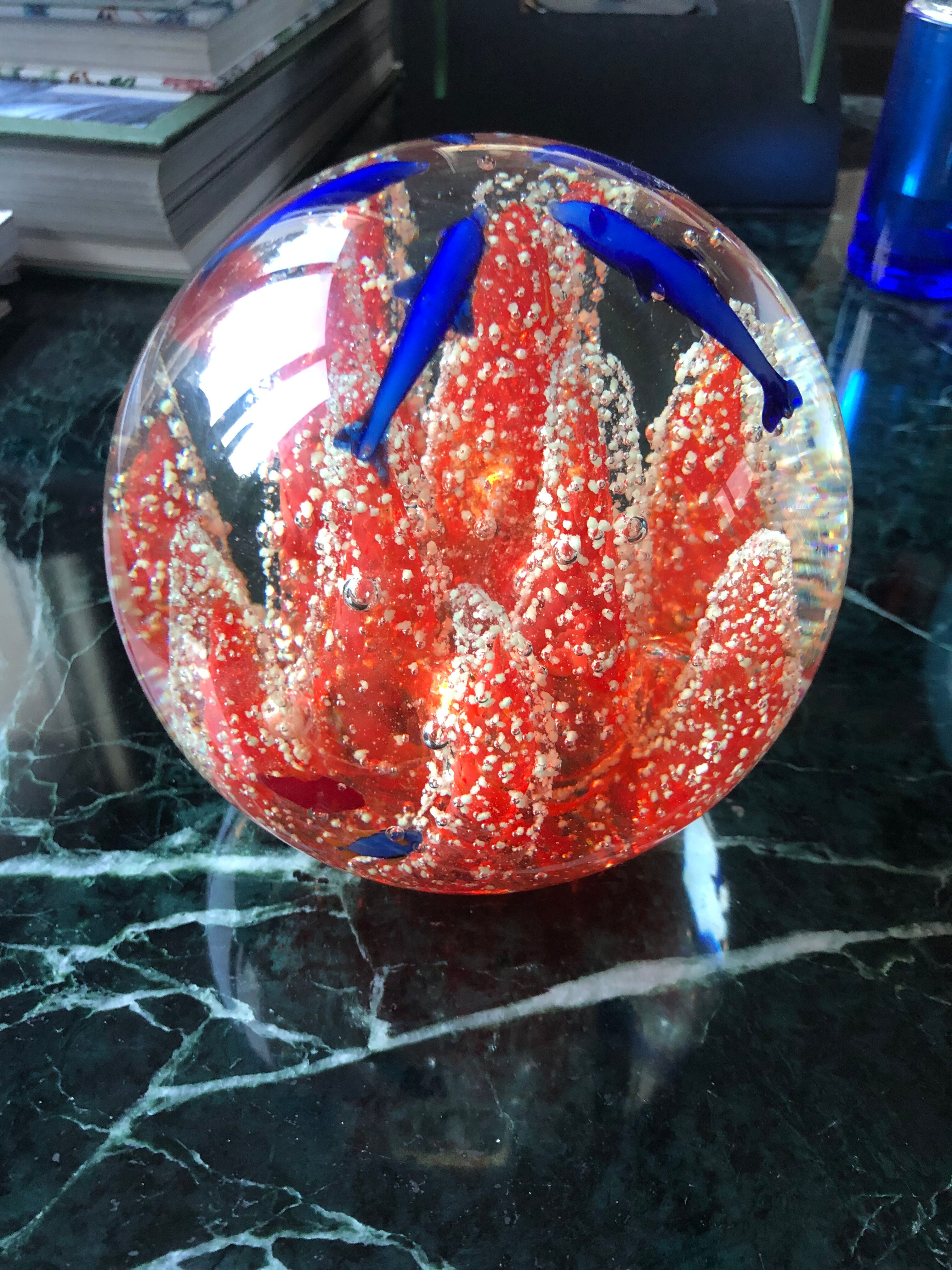 Murano glass ball paperweight Coral dolphins and fish