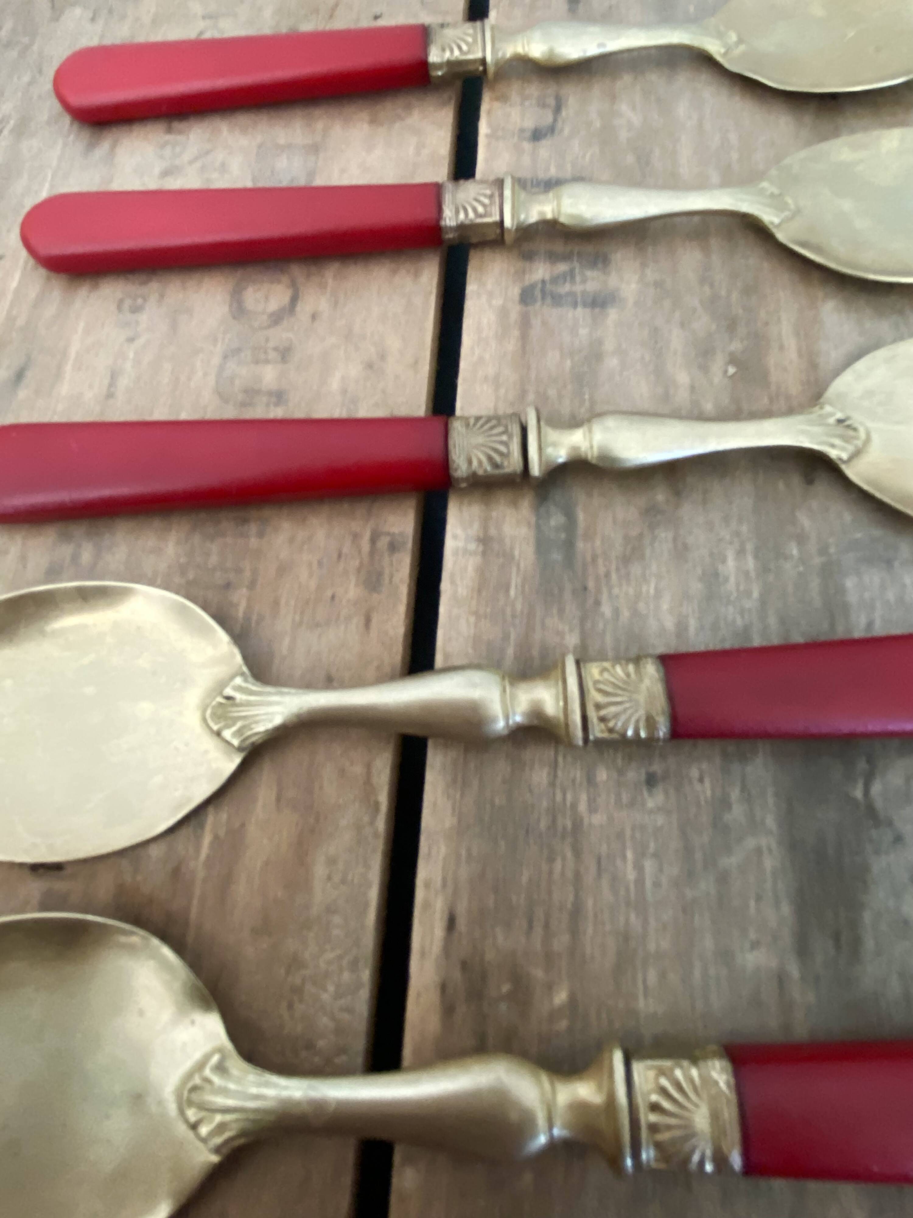 Six cuillères à glace en laiton et bakélite
