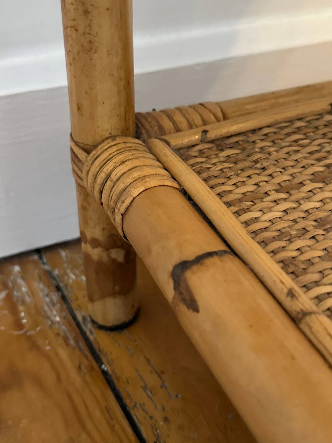 Antique rattan bedside table with vintage drawer