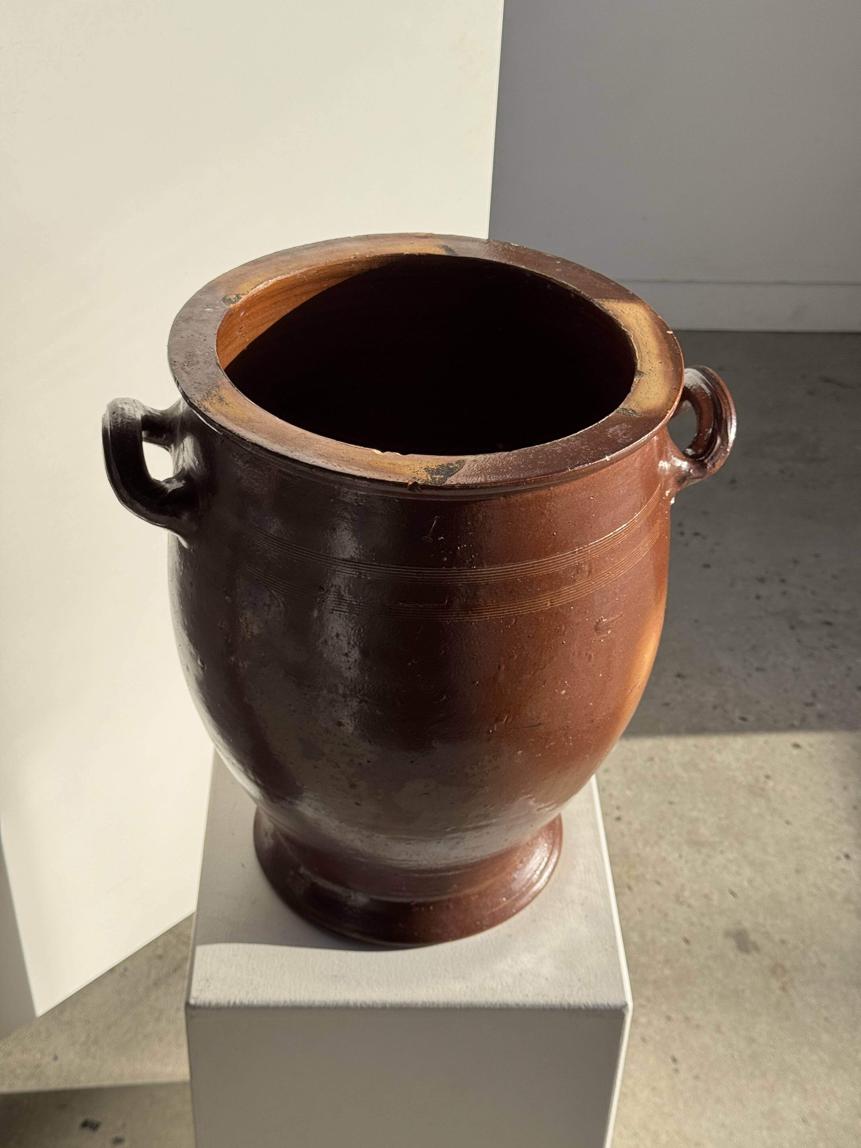 Very large glazed brown terracotta pot with two handles H41 D30