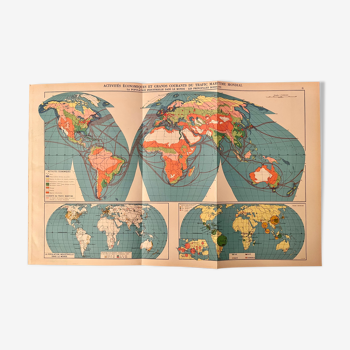 Lithographie ancienne carte mappemonde de 1951 (grand format)