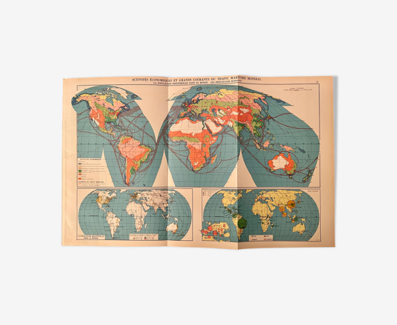 Lithographie ancienne carte mappemonde de 1951 (grand format)