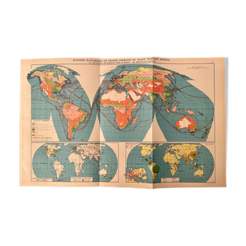 Lithographie ancienne carte mappemonde de 1951 (grand format)