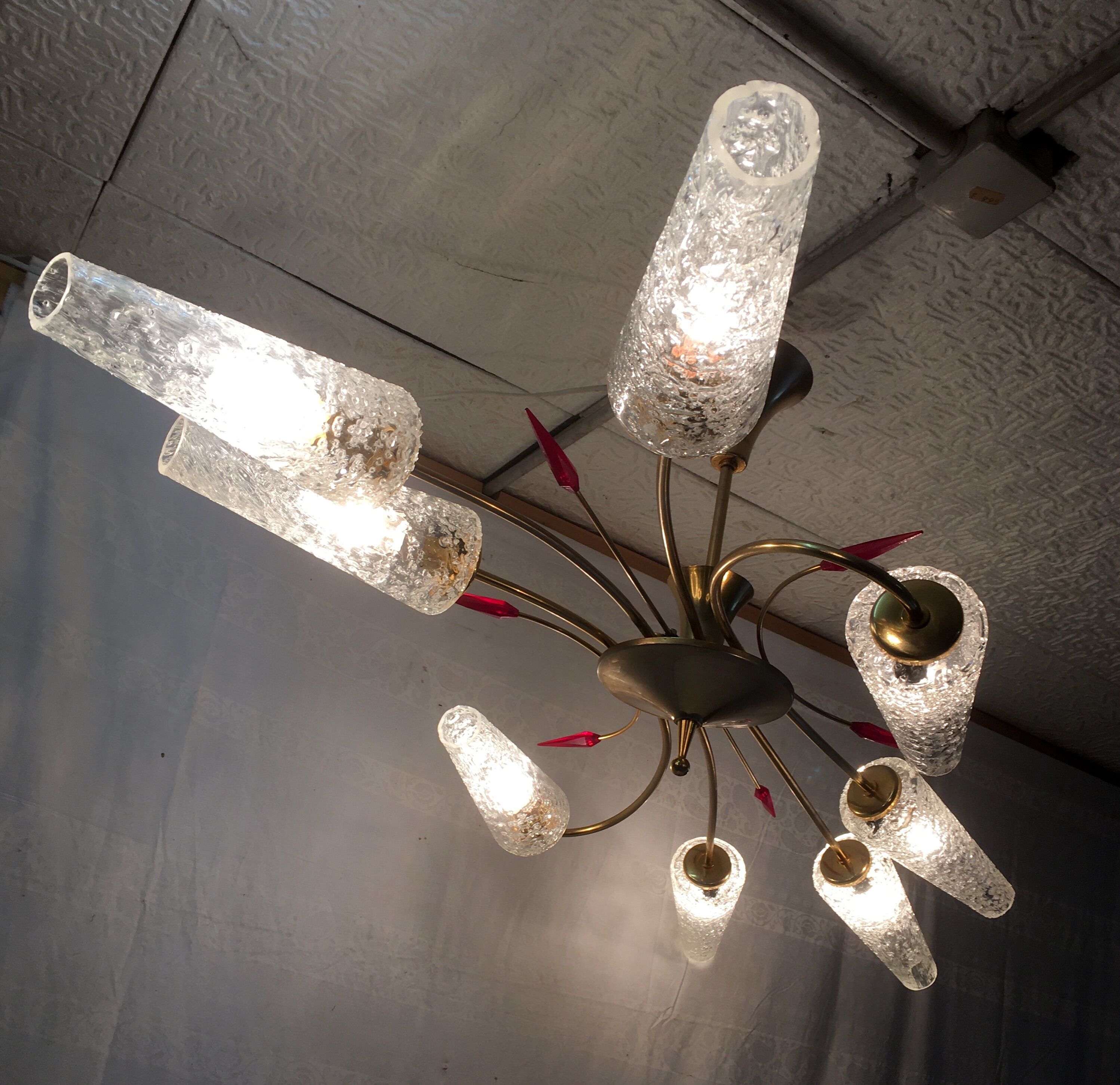 Lustre 8 brass lights and blown glass - 60s