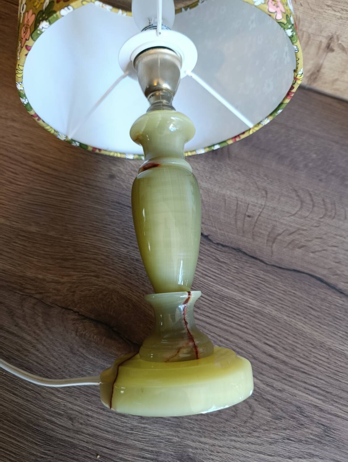 Vintage retro lamp with green marble base, floral shade.