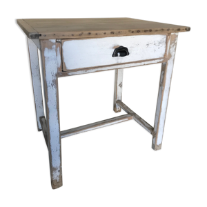 Table bois vintage en bois brut et blanc craie industriel
