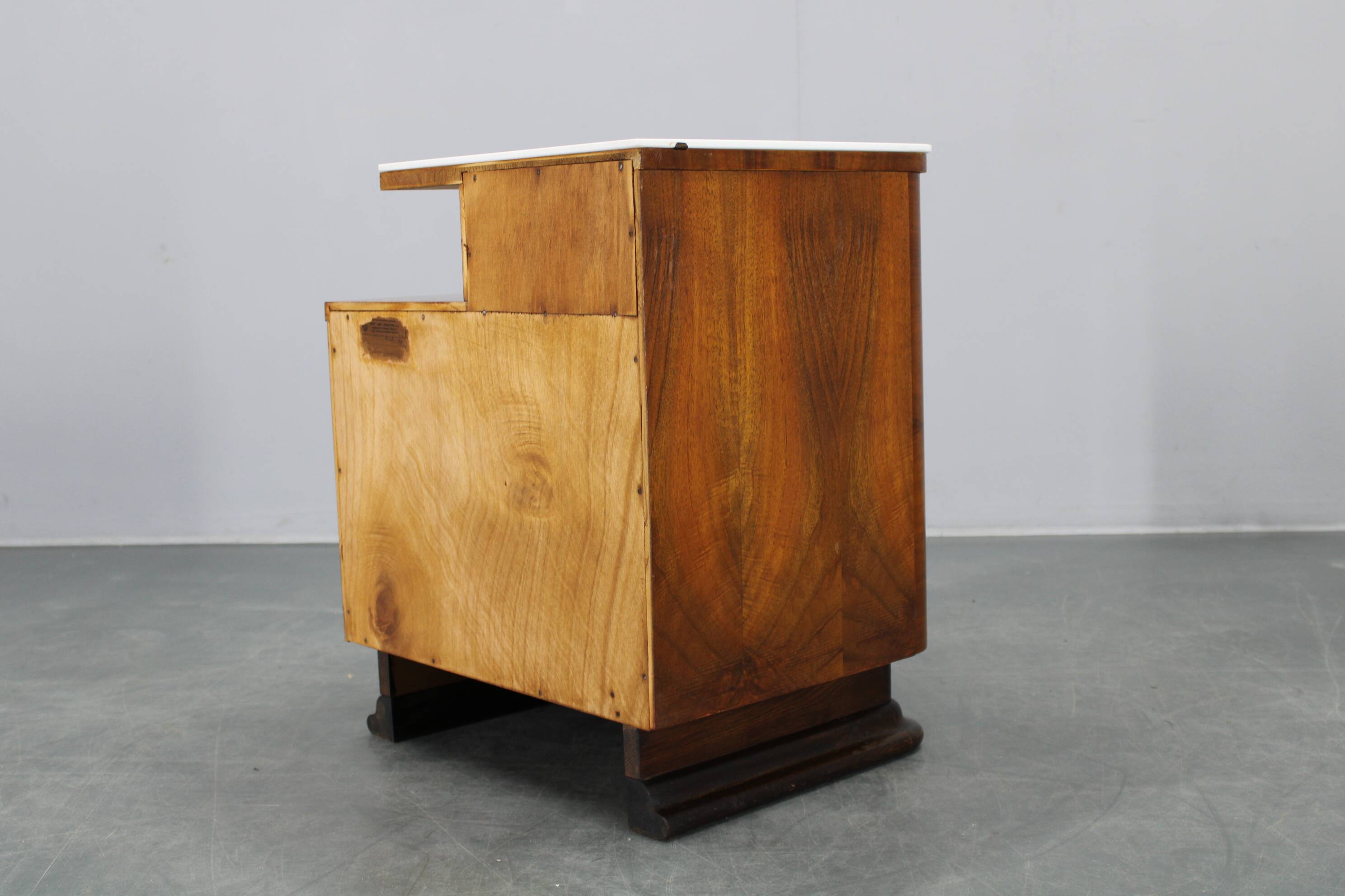 1940s night stand in walnut finish with glass top, Czechoslovakia