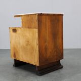 1940s night stand in walnut finish with glass top, Czechoslovakia