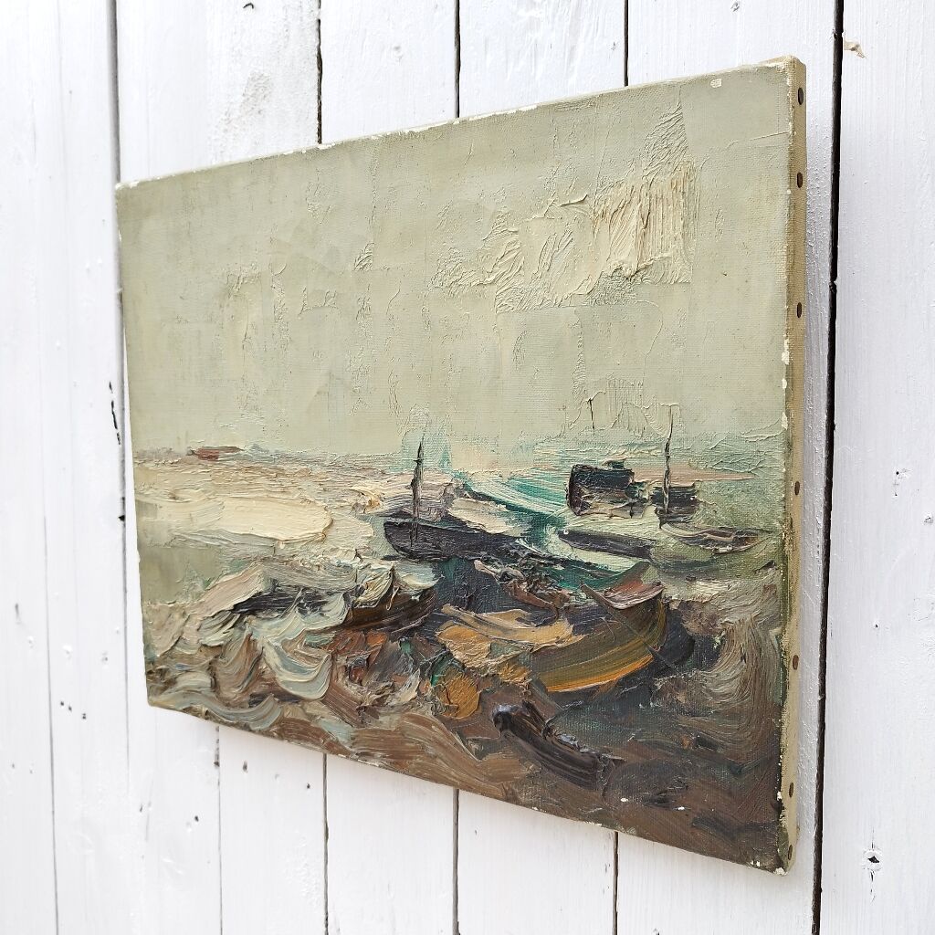 Oil on canvas boats in storm