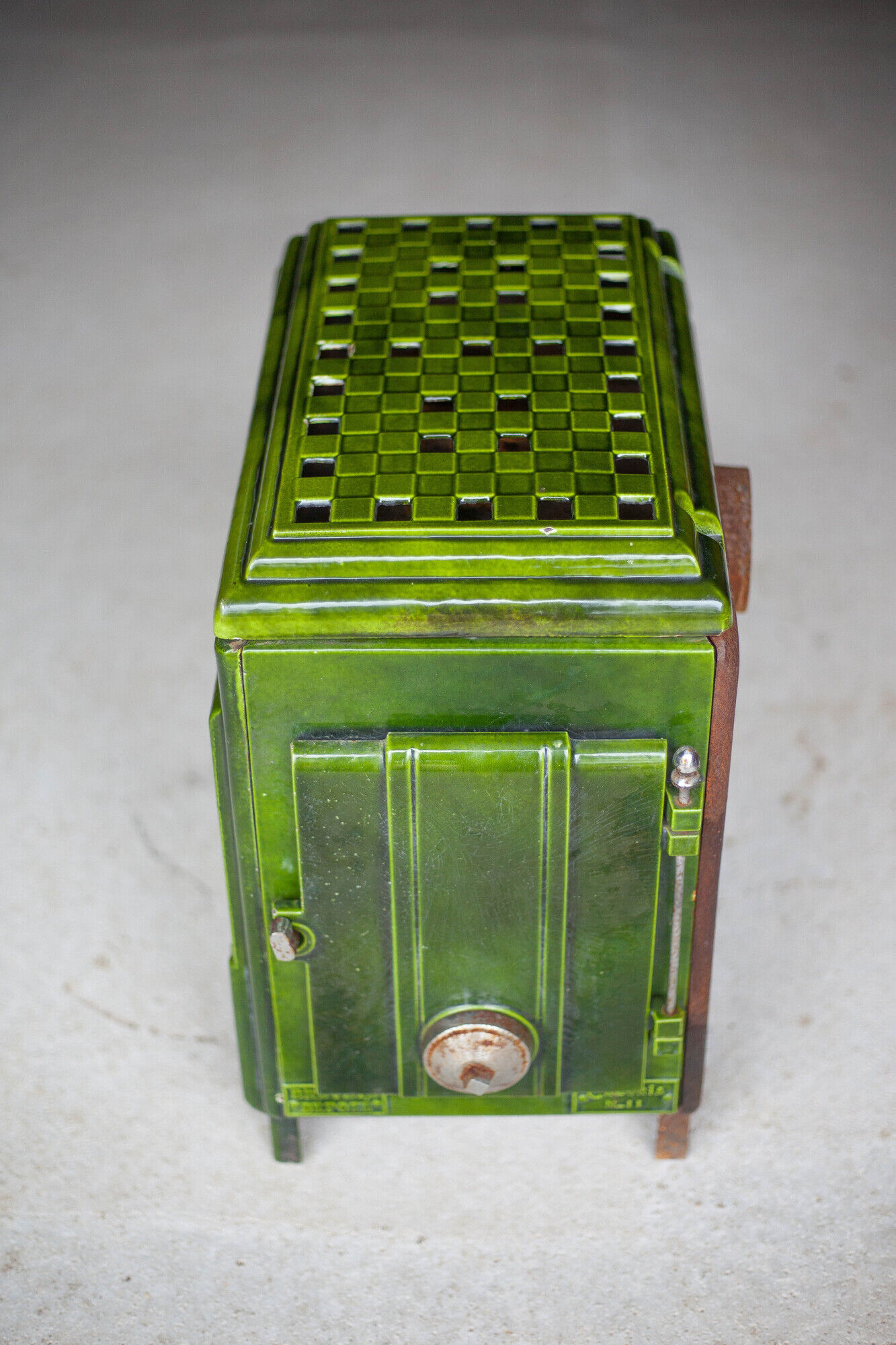 Art deco wood stove, green enamelled wood stove, interior decoration