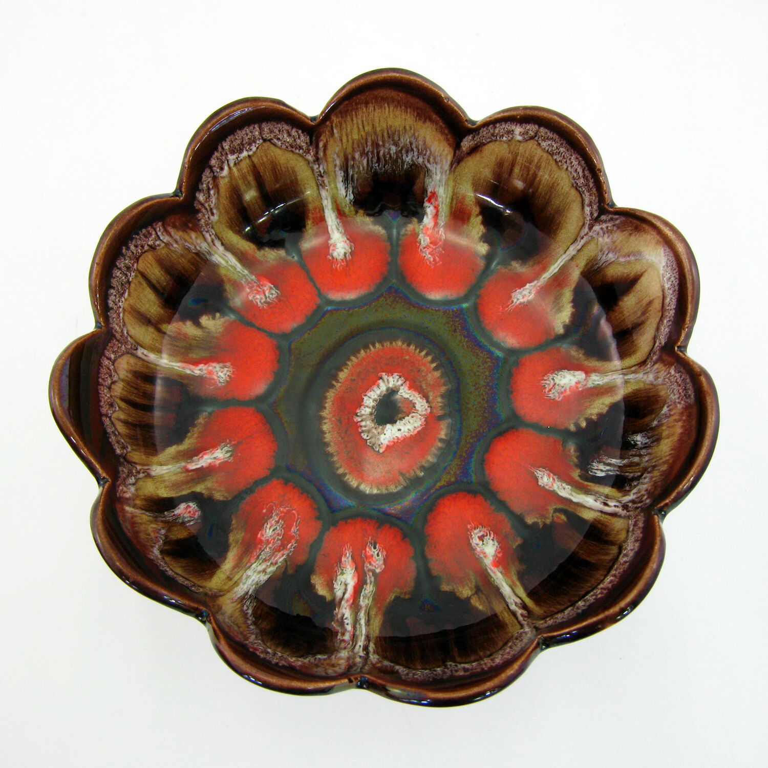 Brown and red ceramic fruit bowl Vallauris France, vintage 70s