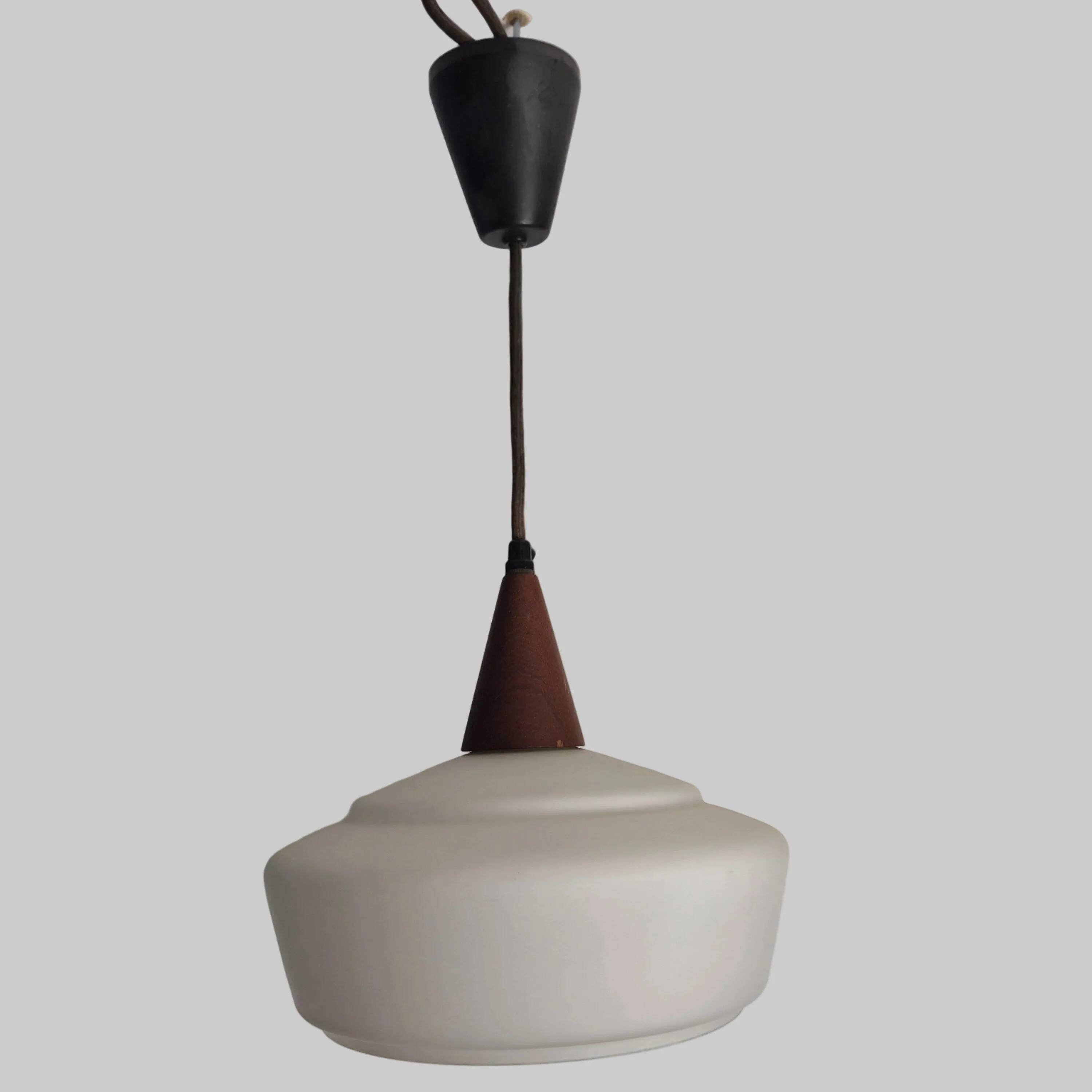 Teak and opaline suspension by Louis Kalff for Philips, Netherlands, 1960