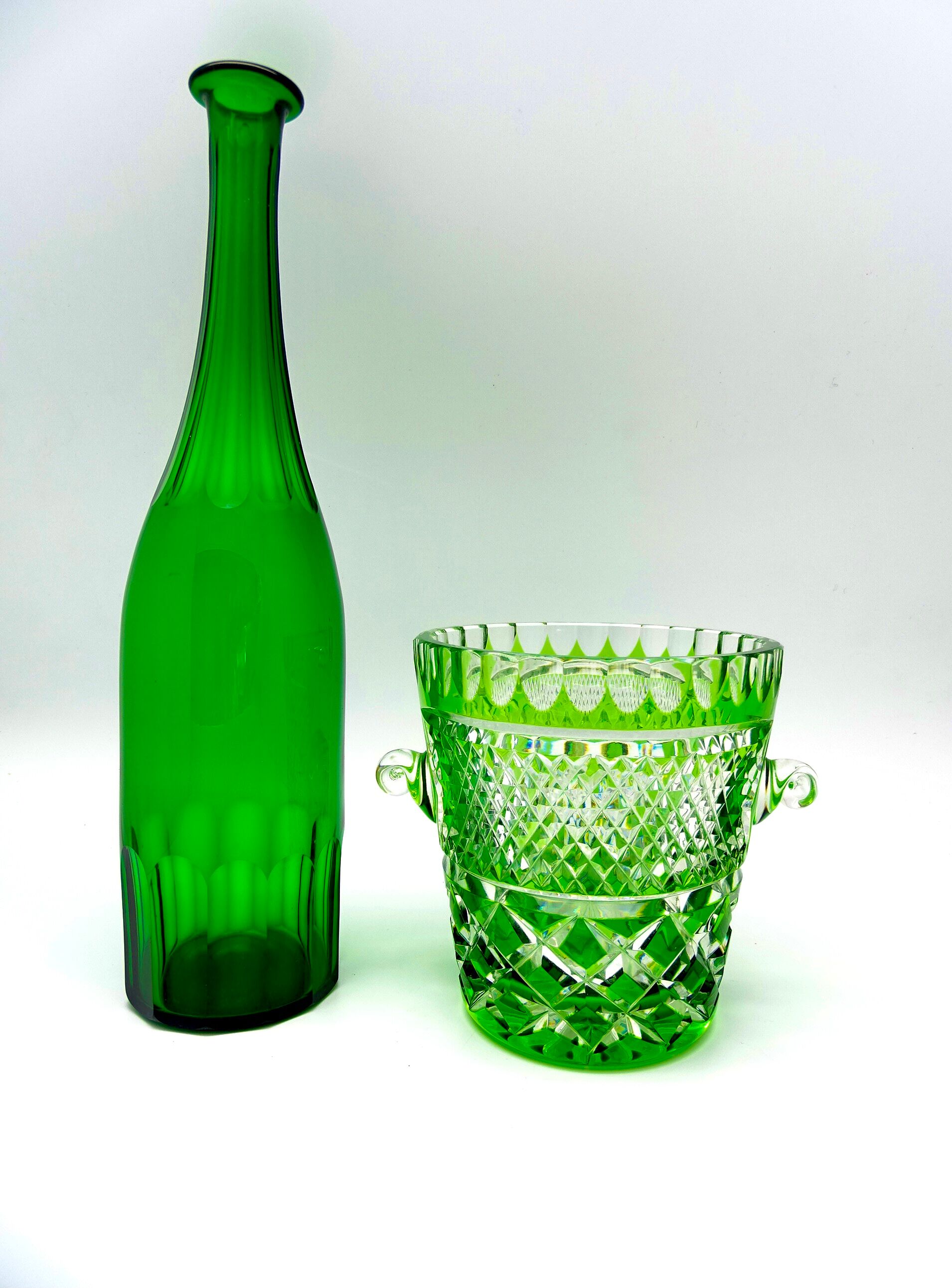 Green cut crystal ice bucket