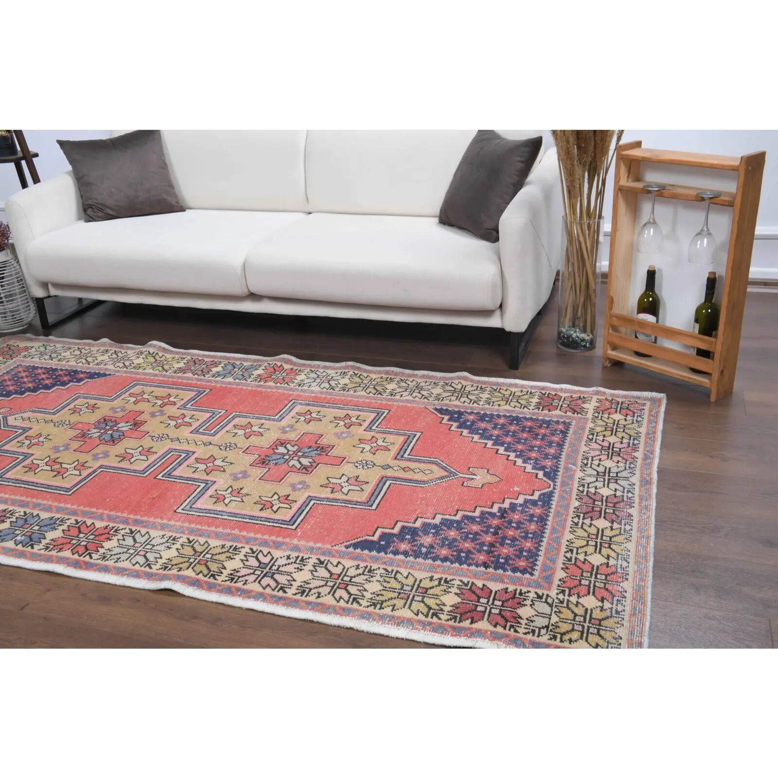 Vintage Turkish Oushak handmade wool cotton pink area rug 131x253