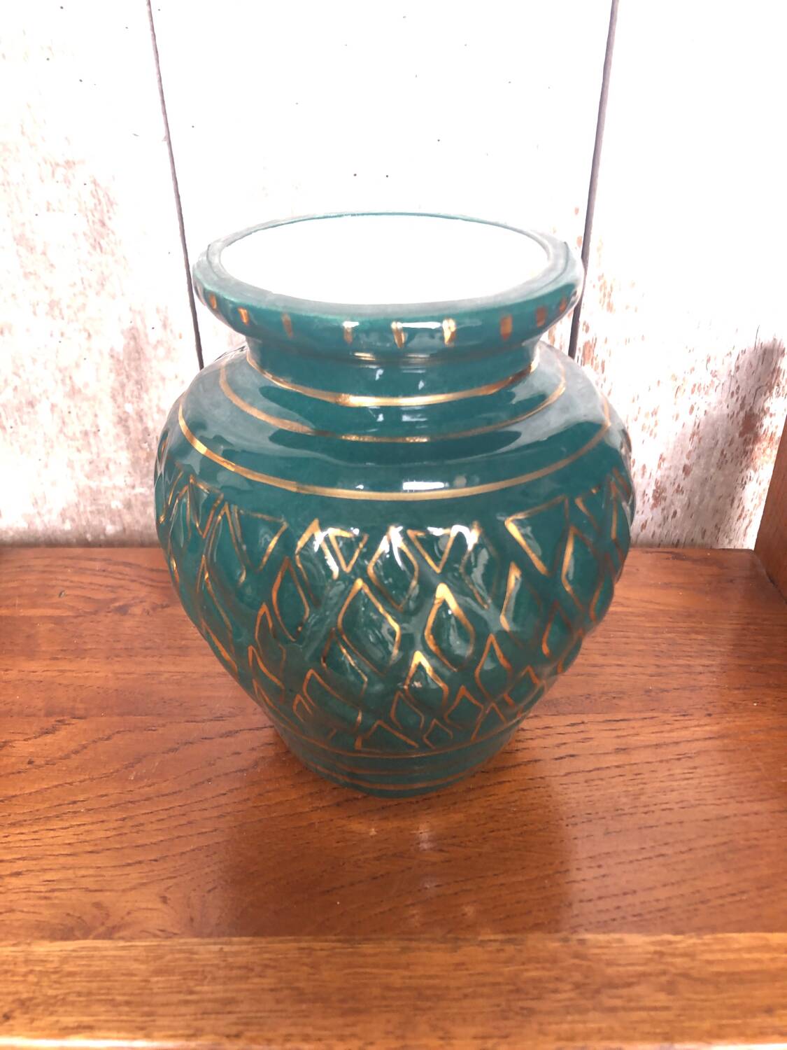 Old vallauris vase green ceramic & vintage gold decor #a798