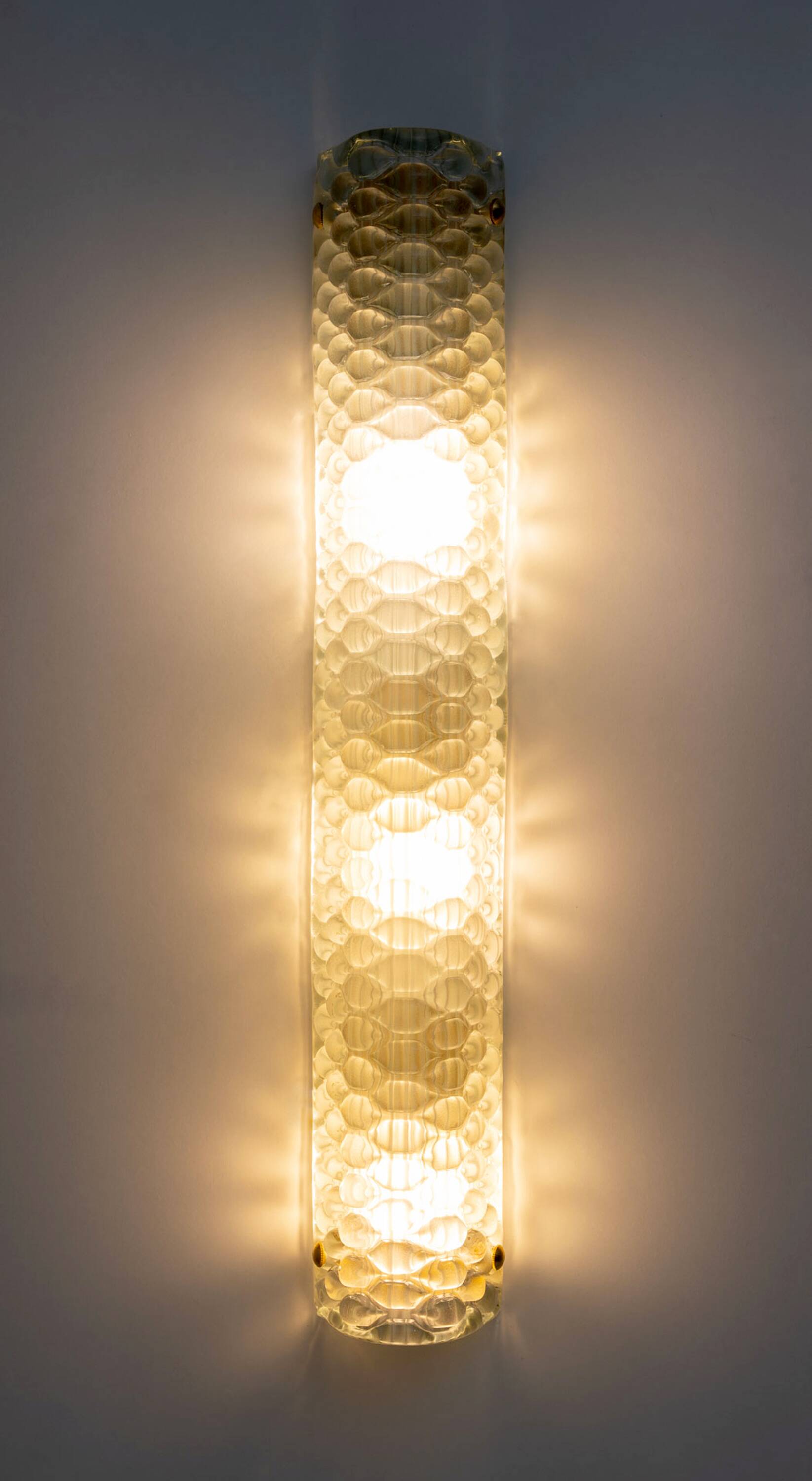 Pair of Modern Italian Brass and Murano Glass Textured Light Green Wall Sconce