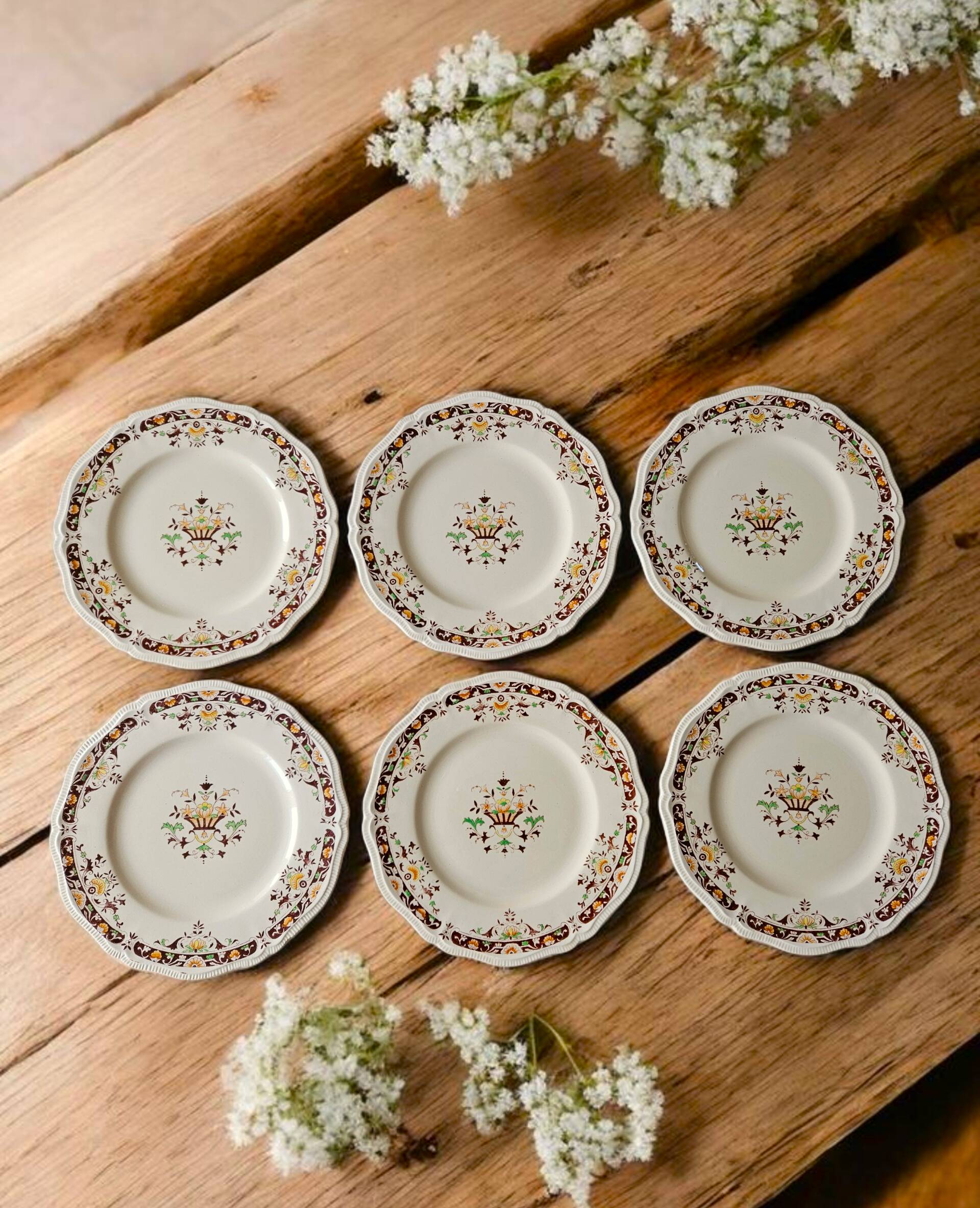 6 grandes assiettes à dessert anciennes en faïence de Longchamp