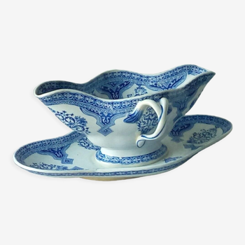 Sauce boat on frame in faience of gien blue decoration camaieu late 19th