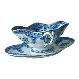 Sauce boat on frame in faience of gien blue decoration camaieu late 19th