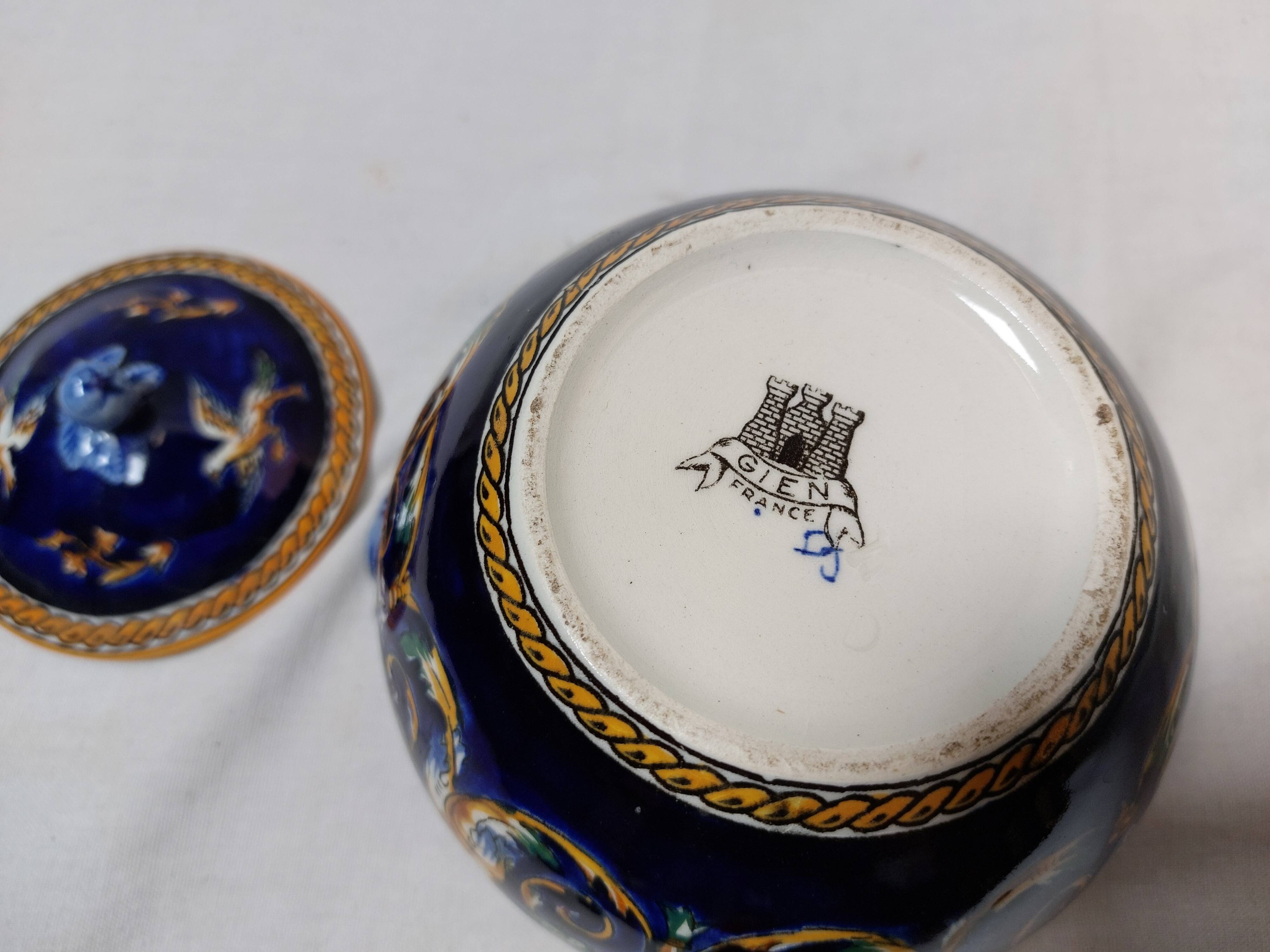 Large Gien blue sugar bowl or candy dish, Renaissance model
