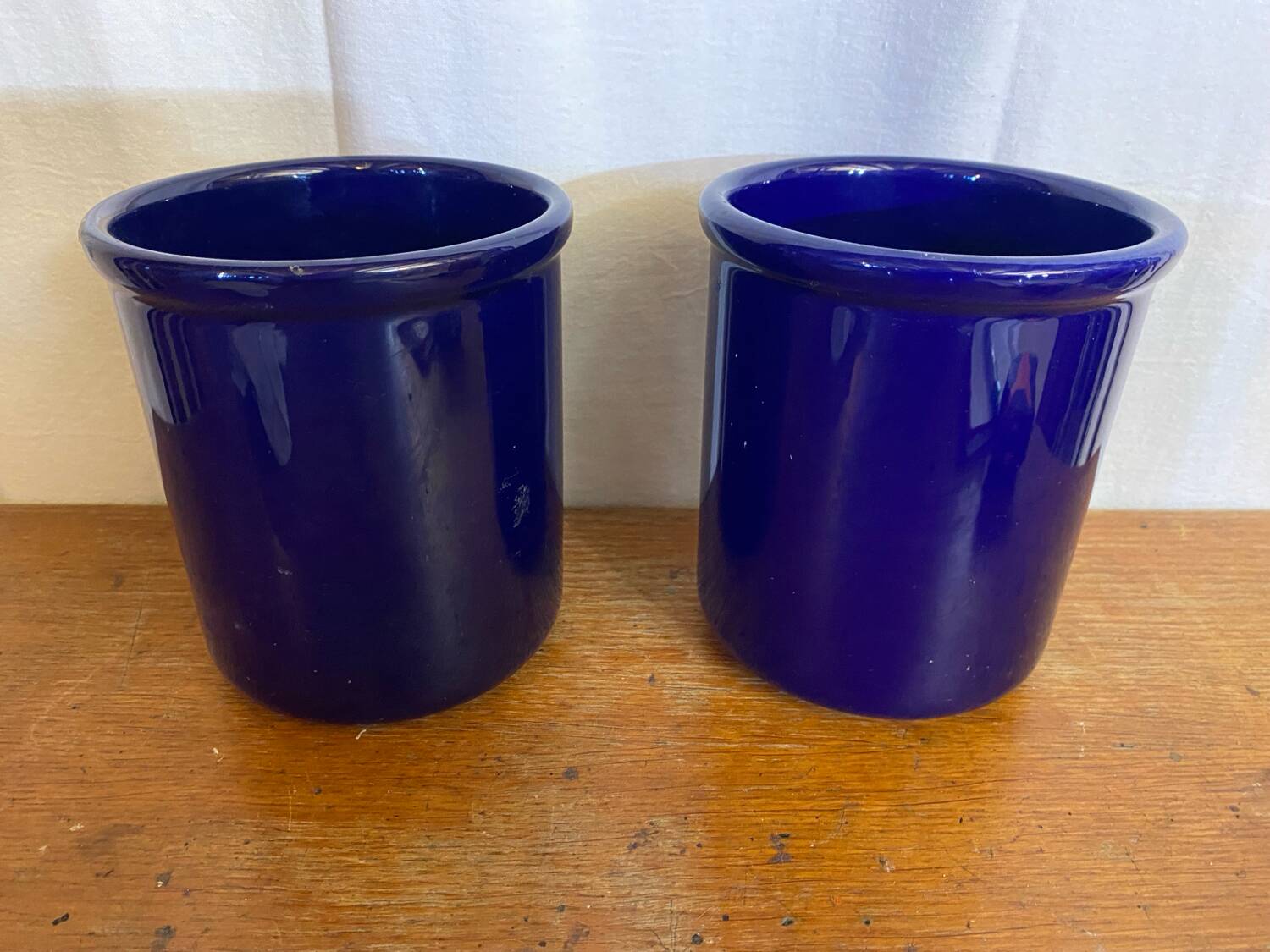 Pair of emile henry blue ceramic coolers vintage tableware