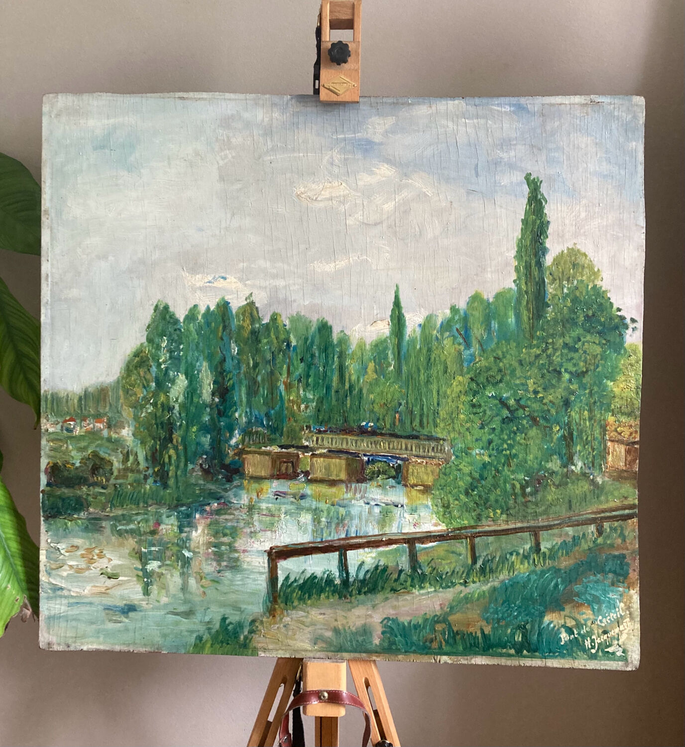 Oil painting on panel The bridge of Créteil signed H.Jaquemart nineteenth century