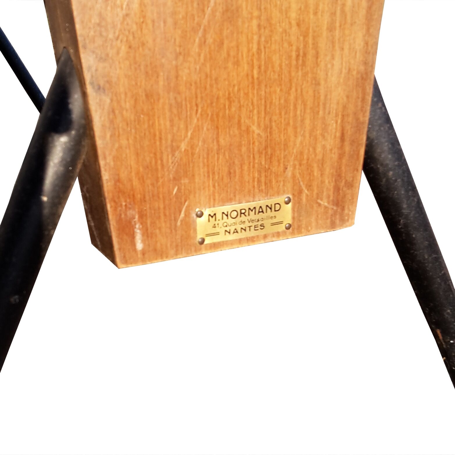 bistro table, red formica tray, black steel compass feet