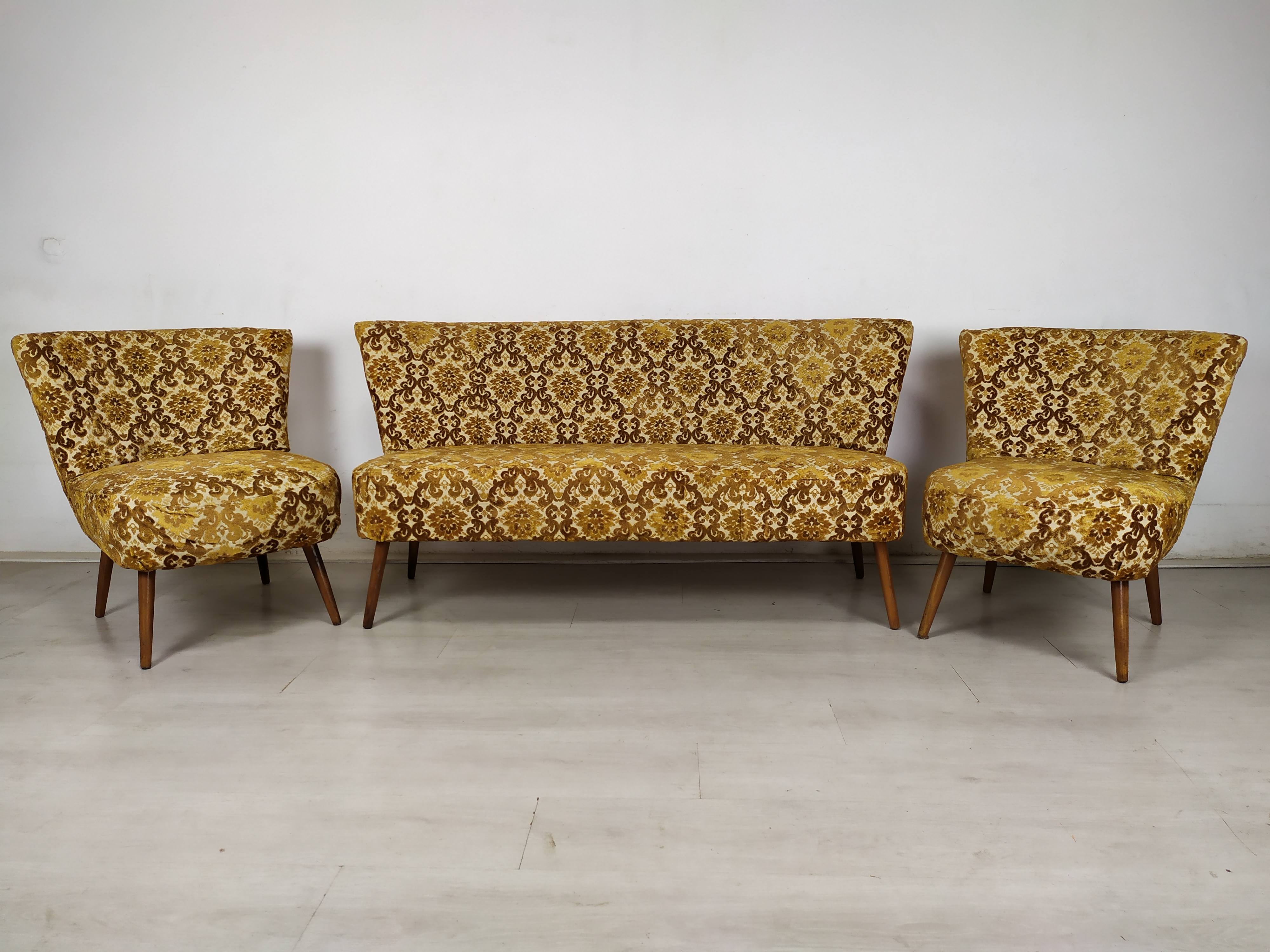 Bench and 2 vintage cocktail armchairs